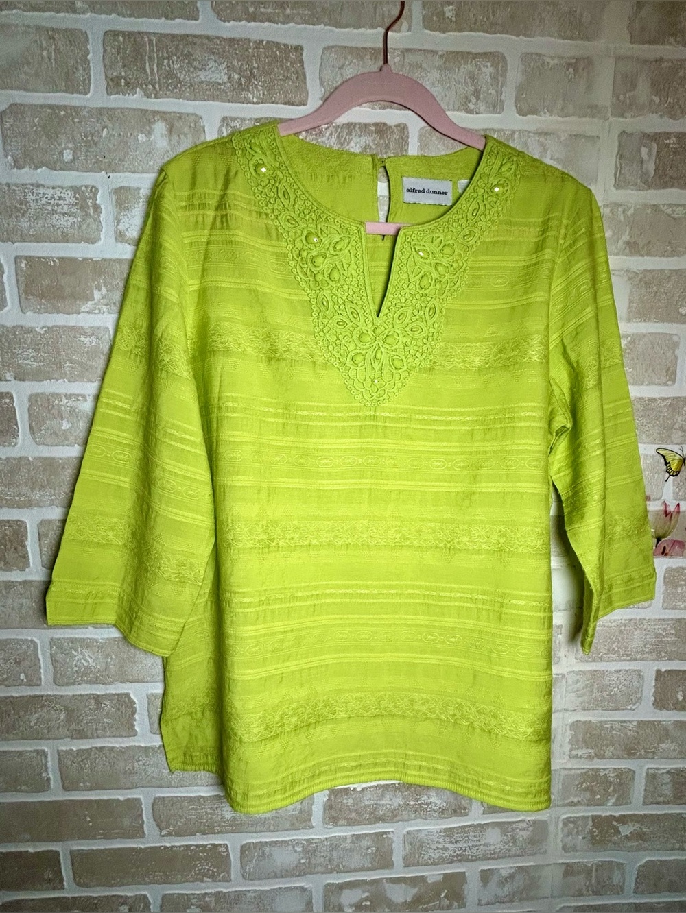 Alfred Dunner Bright Lime Green Embroidered V-Neck Tunic